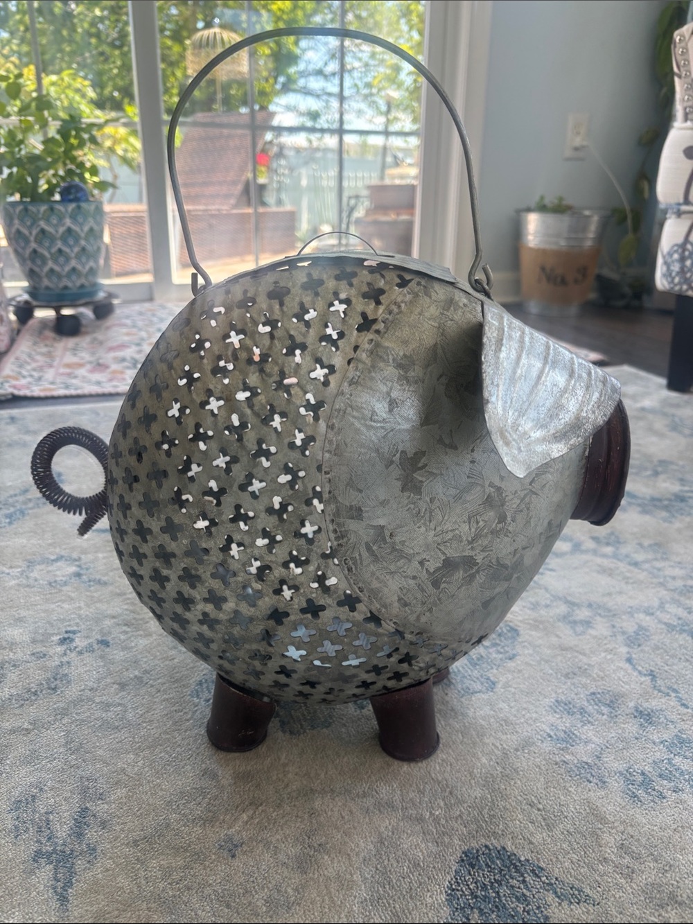 Decorative Metal Pig Lantern - Silver Finish